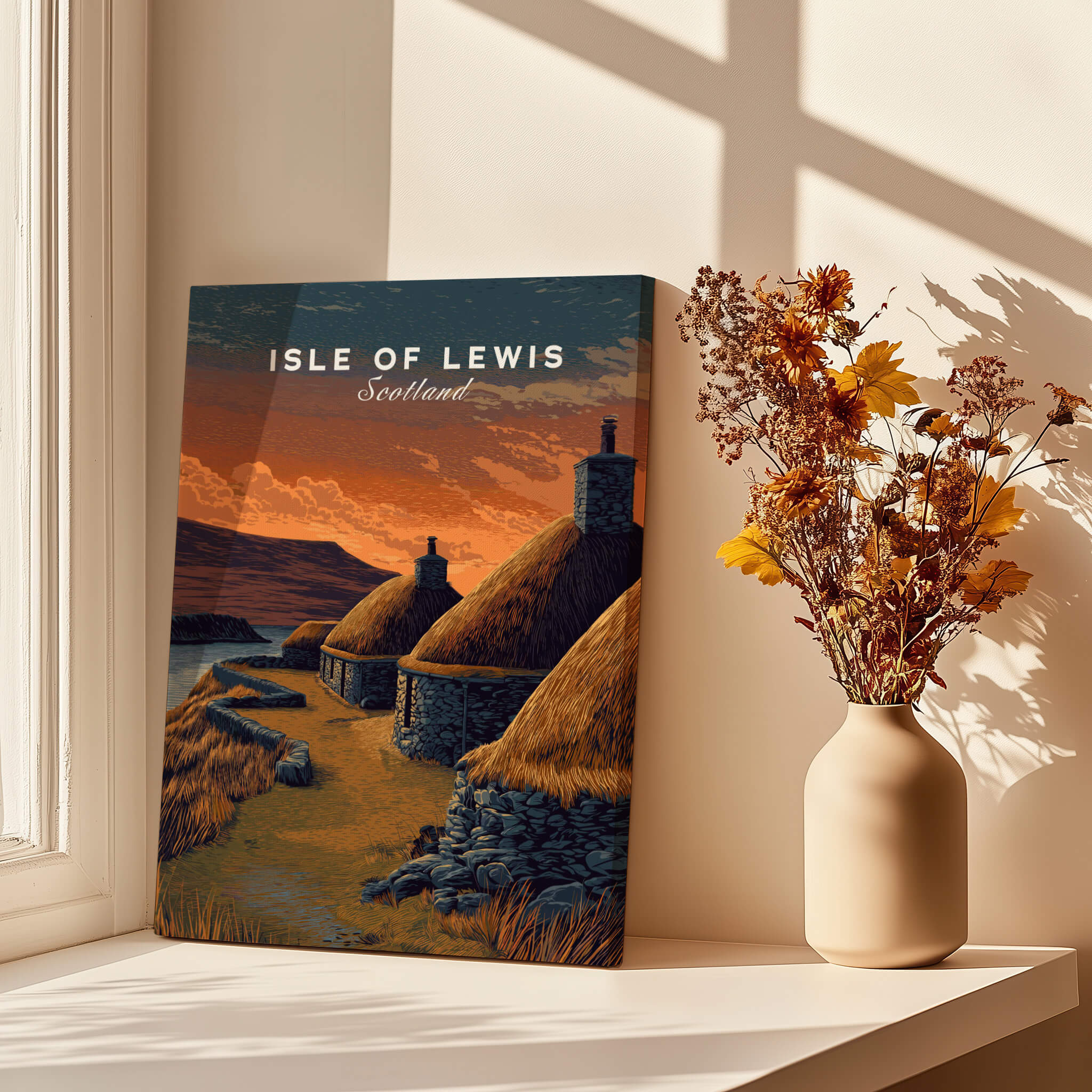 Isle of Lewis Scotland Travel Poster | Blackhouse Village Wall Art Print displayed on a windowsill with flowers.