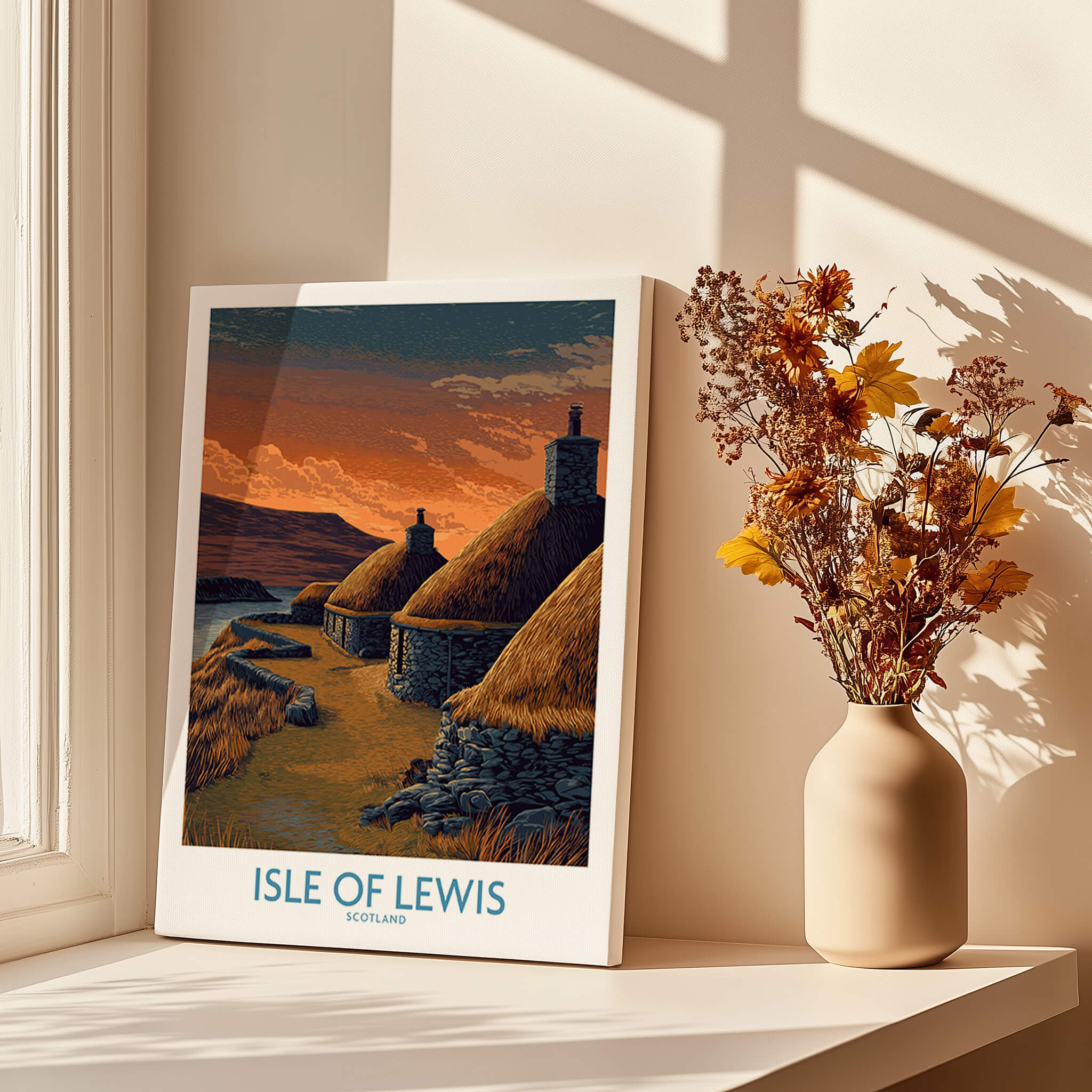 Isle of Lewis Scotland Canvas Print | Outer Hebrides Norse Mill Poster displayed in a sunlit room with flowers.