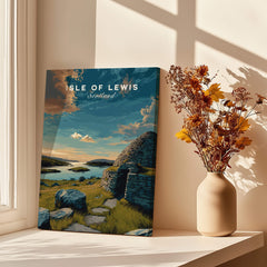 Isle of Lewis Scotland Travel Poster | Gearrannan Blackhouse Wall Art Print on display with flowers