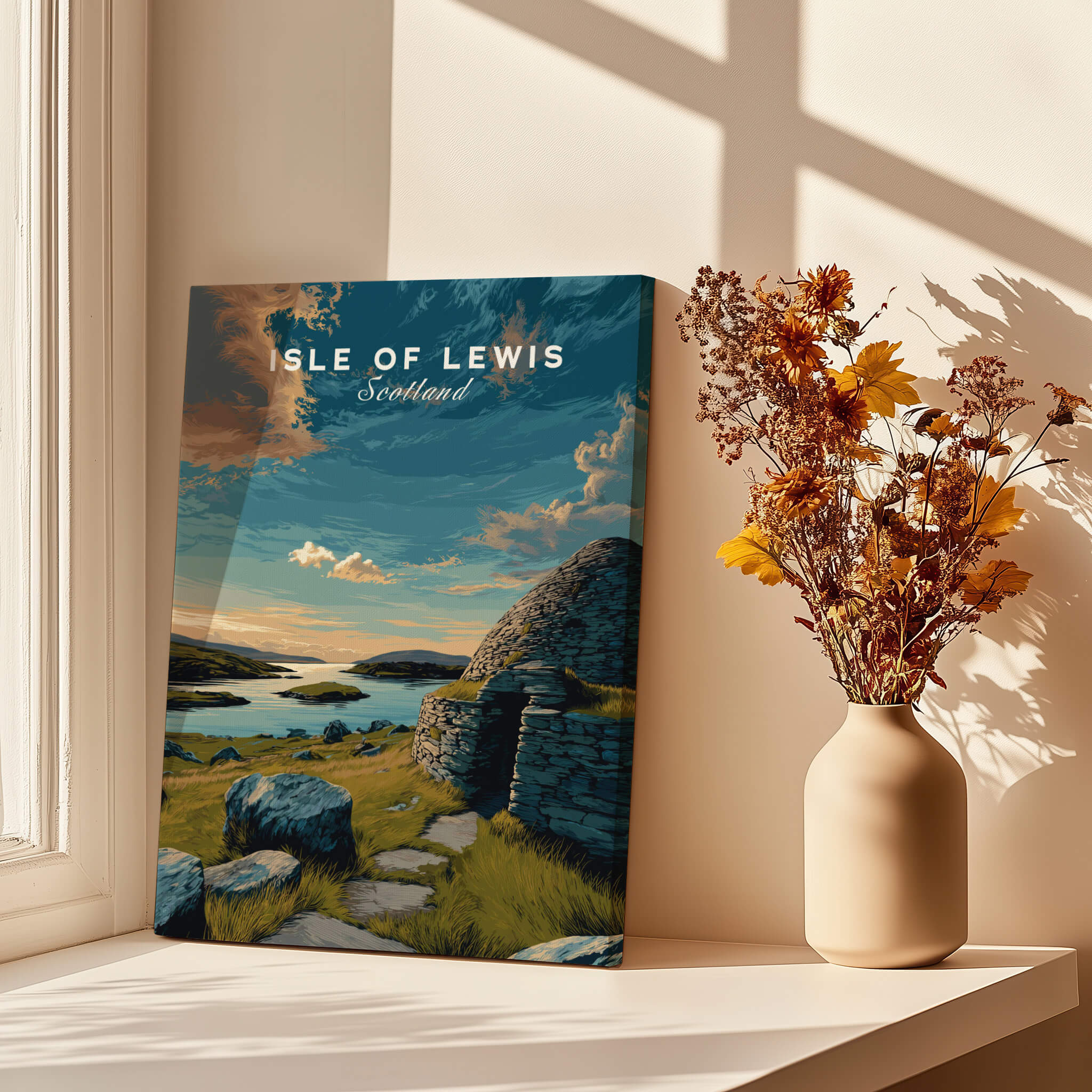 Isle of Lewis Scotland Travel Poster | Gearrannan Blackhouse Wall Art Print on display with flowers