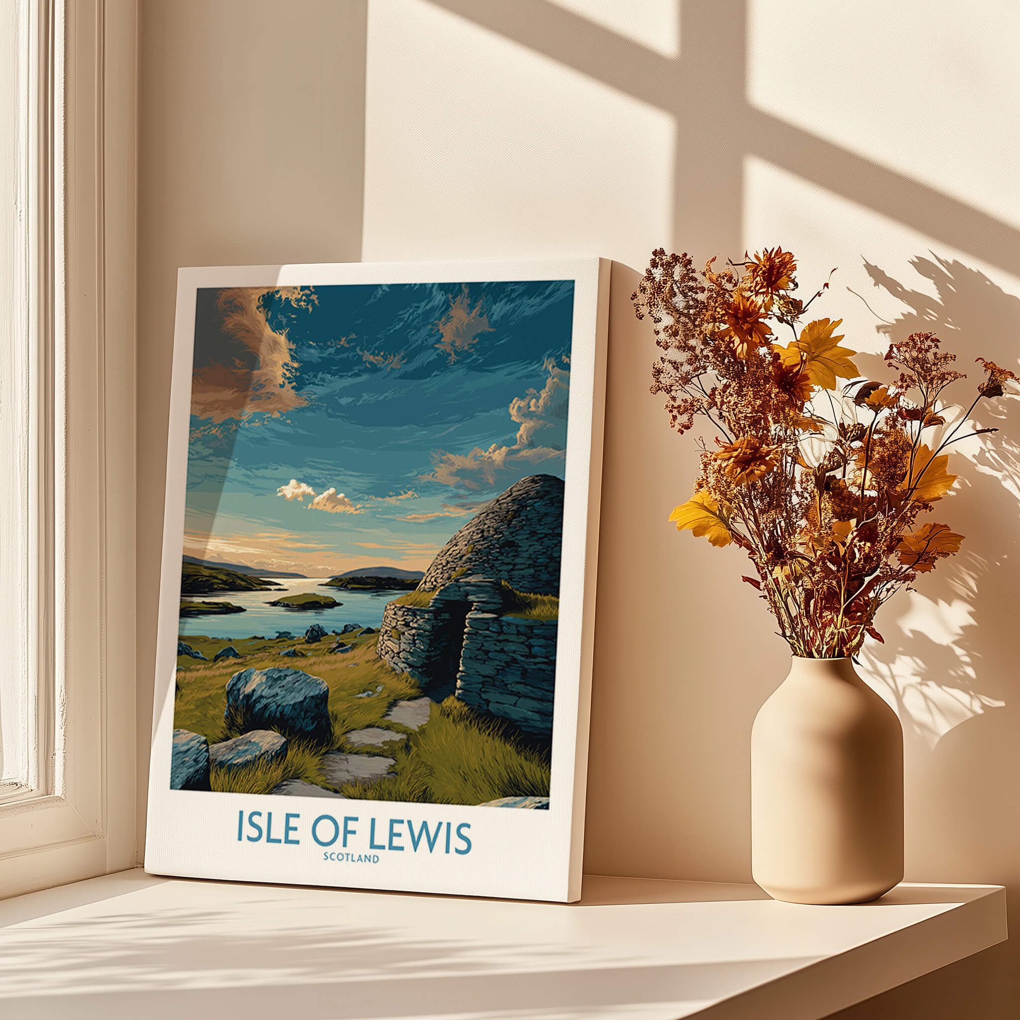Isle of Lewis Scotland Canvas Print | Outer Hebrides Landscape Poster displayed on a windowsill with flowers.