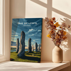 Isle of Lewis Scotland Wall Art Print | Callanish Standing Stones Travel Poster displayed on a shelf with flowers.