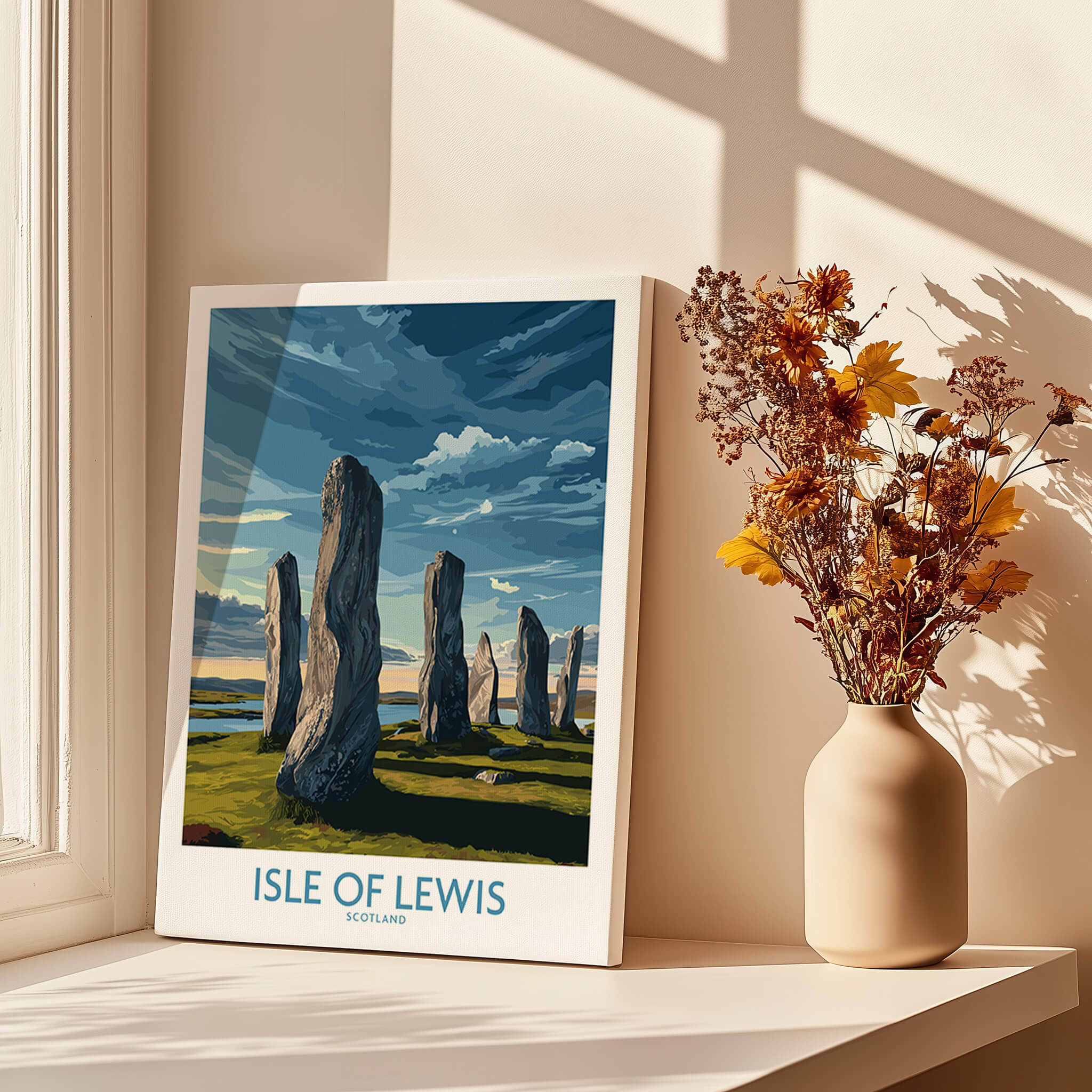 Isle of Lewis Scotland Poster | Ancient Megalithic Site Canvas Print displayed next to a vase of dried flowers.