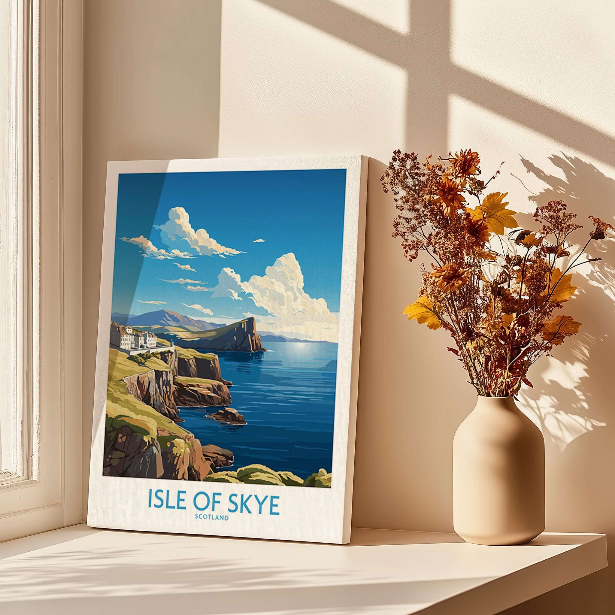 Isle of Skye Poster Modern displayed in a bright room with natural light, showcasing beautiful Scottish landscape.