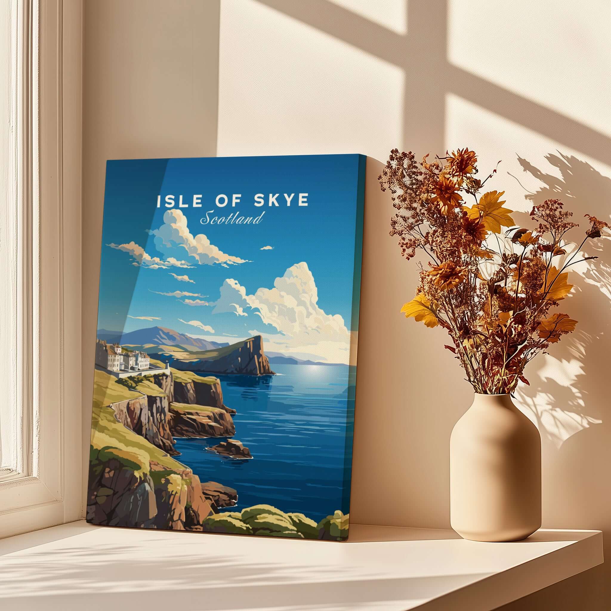 Isle of Skye Poster showcasing the stunning landscape of Scotland's Isle of Skye with vibrant colors and detail.
