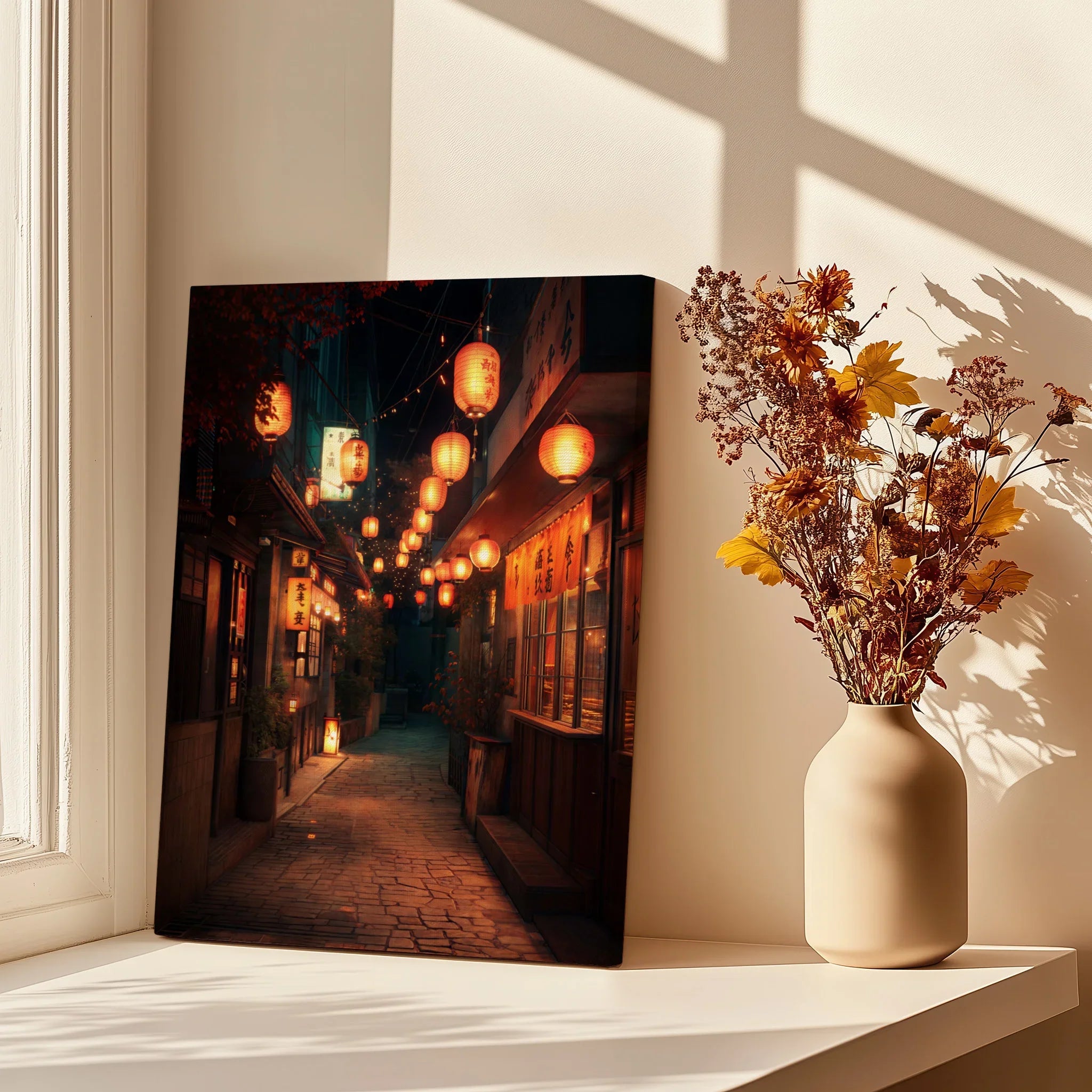 Canvas print of Japanese street with lanterns on windowsill, vase of dried flowers beside it