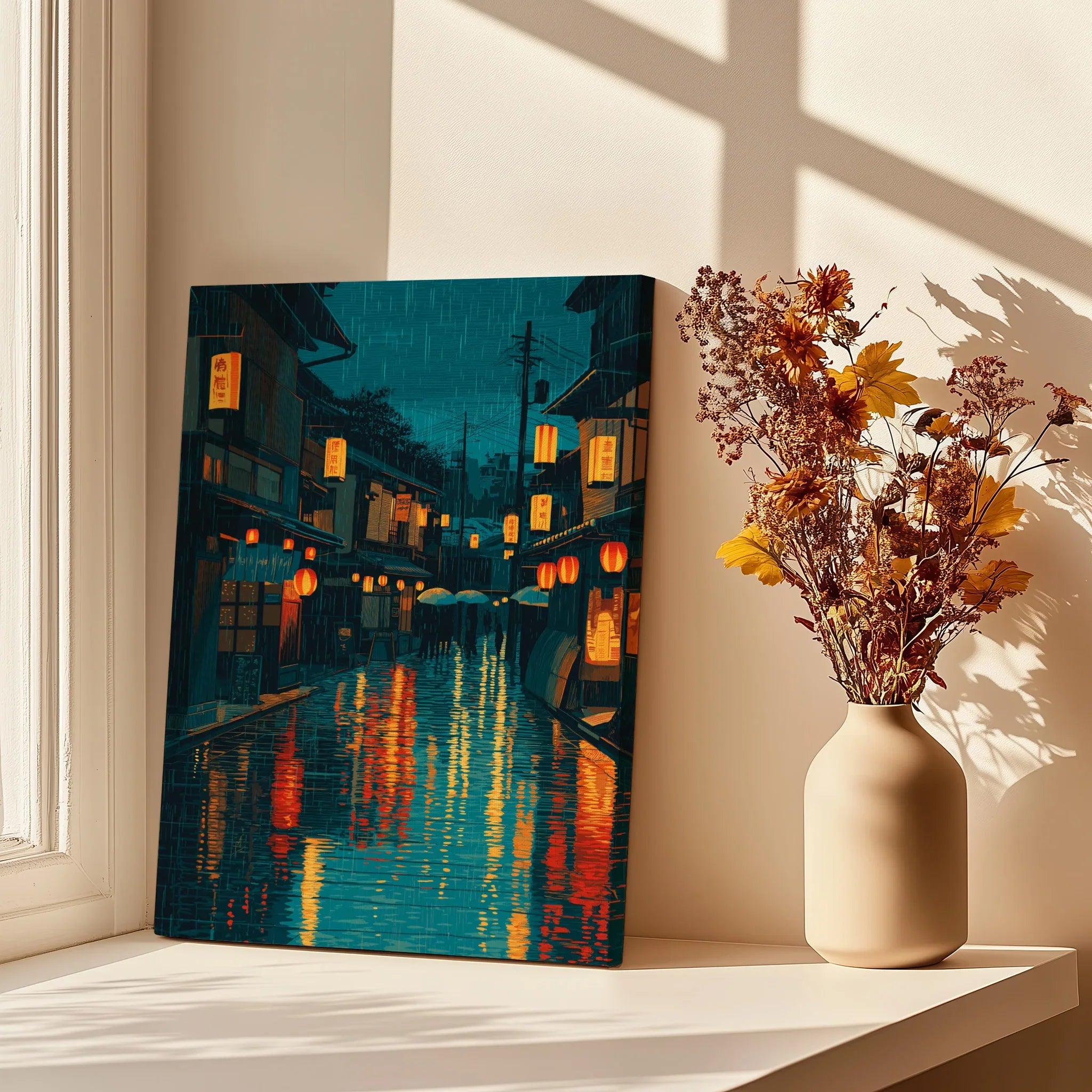 Japan street canvas wall art on a windowsill next to a vase of dried flowers in sunlight
