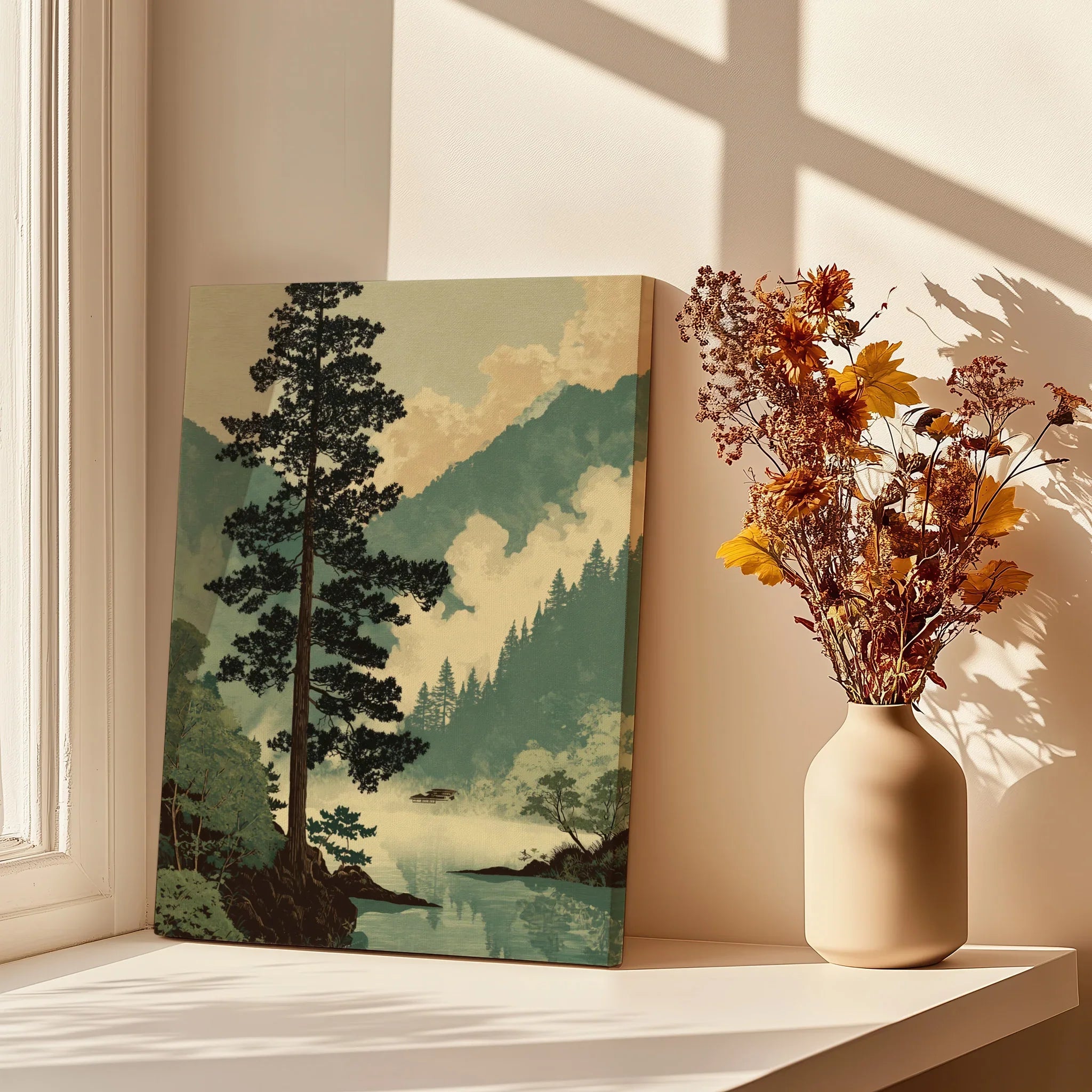 Mountain landscape canvas print on windowsill with vase of dried flowers, soft sunlight, shadows