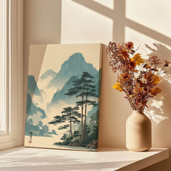 Japanese woodblock landscape canvas print near window with vase of dried flowers