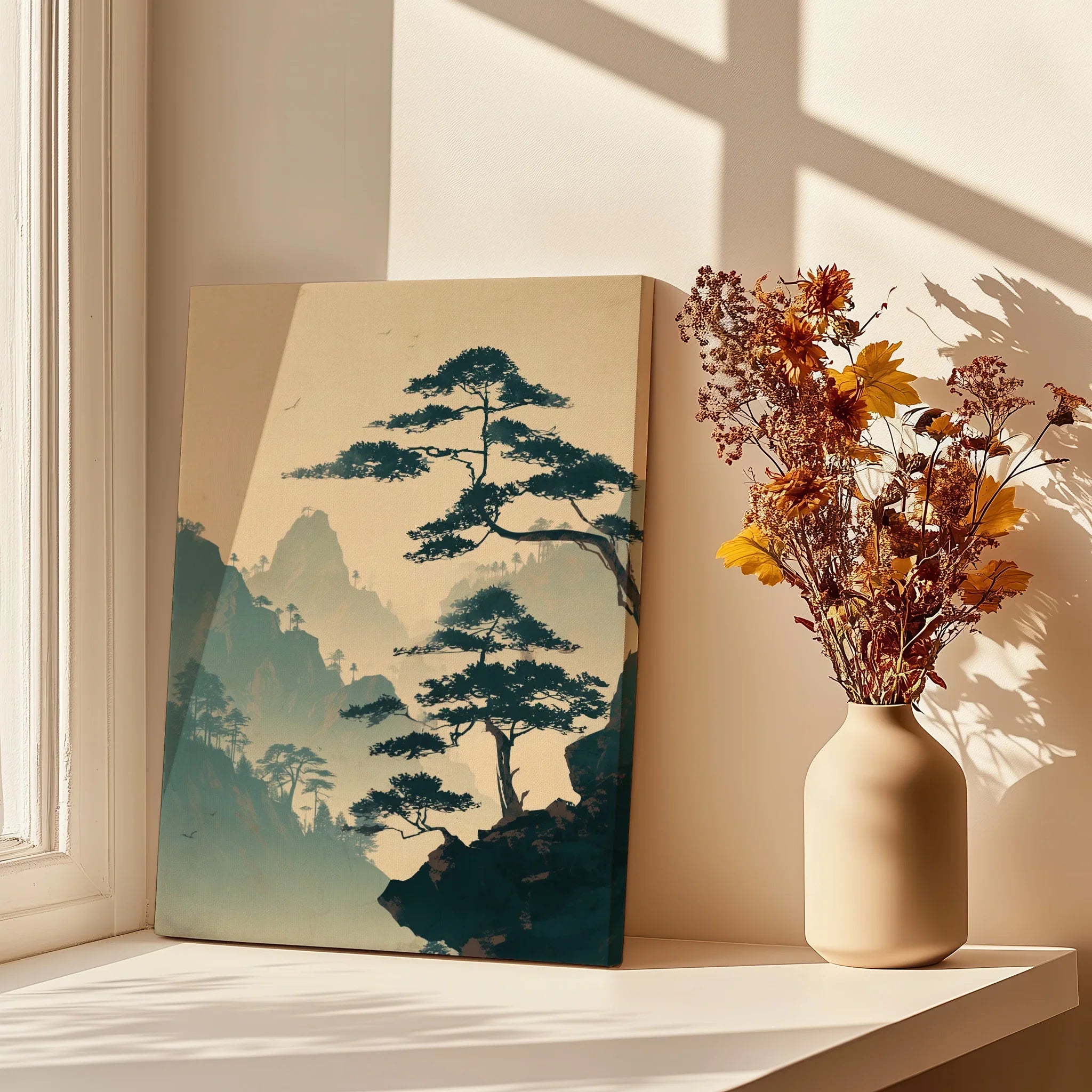 Japanese woodblock canvas print of pine trees and mountains, beside vase with dried flowers