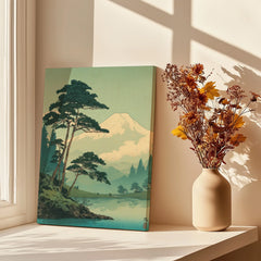 Japanese landscape canvas print of mountains and pine trees on windowsill with vase of dried flowers