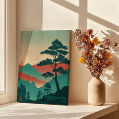 Japanese woodblock mountain canvas print on windowsill with vase of dried flowers
