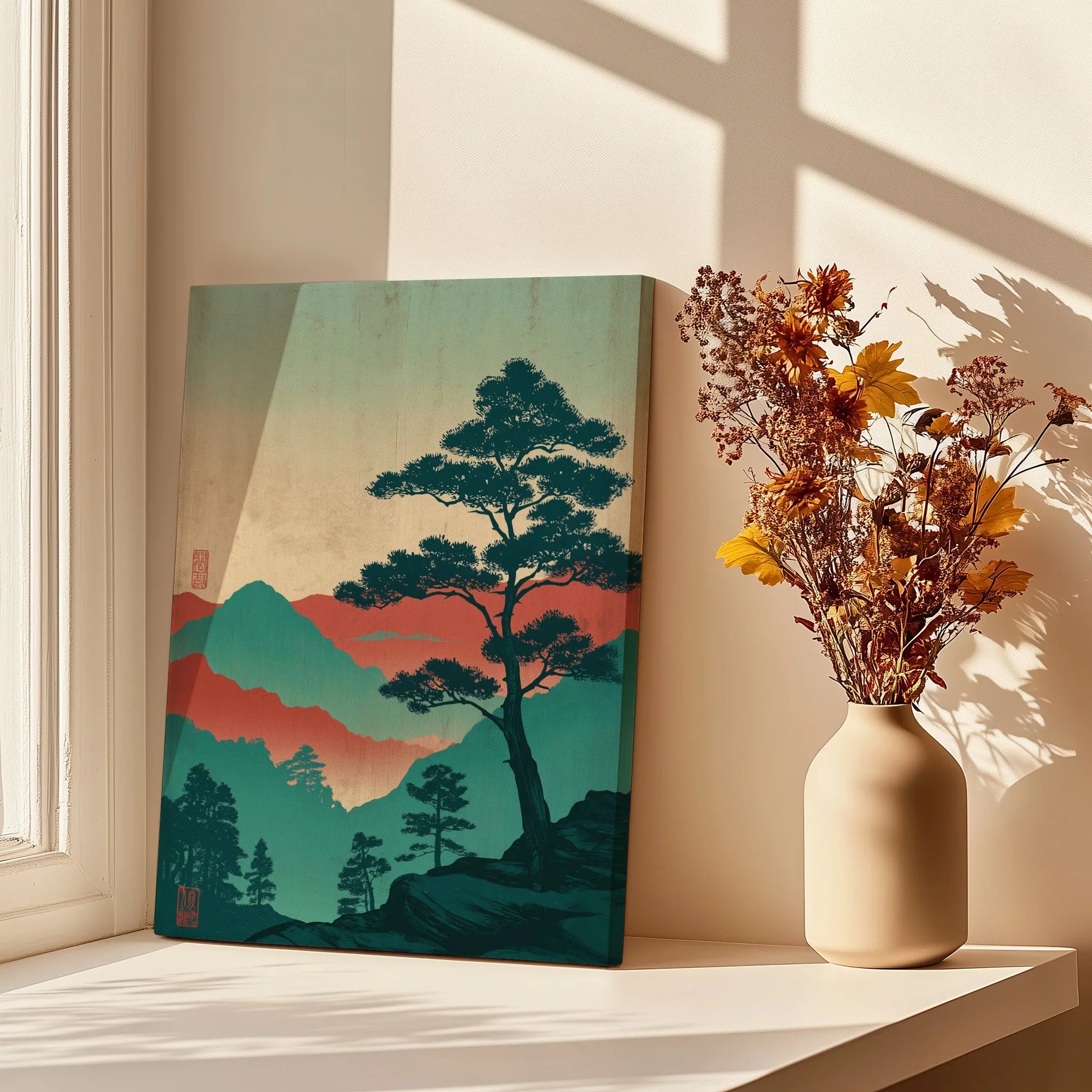Japanese woodblock mountain canvas print on windowsill with vase of dried flowers