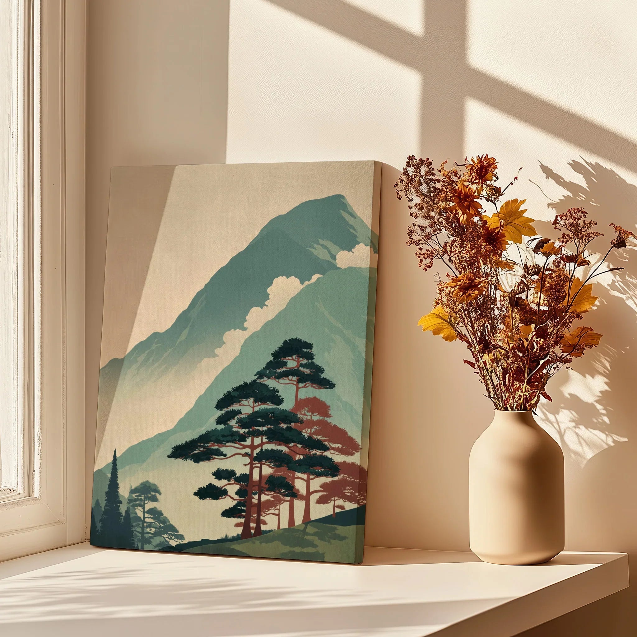 Japanese woodblock style mountain canvas print beside vase with dried flowers on sunny windowsill