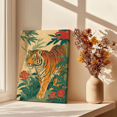 Japanese tiger canvas wall art with flowers, sunlight, and dried floral vase decor