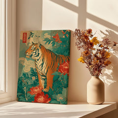 Japanese tiger wall art print with floral design, displayed by window with shadows and vase