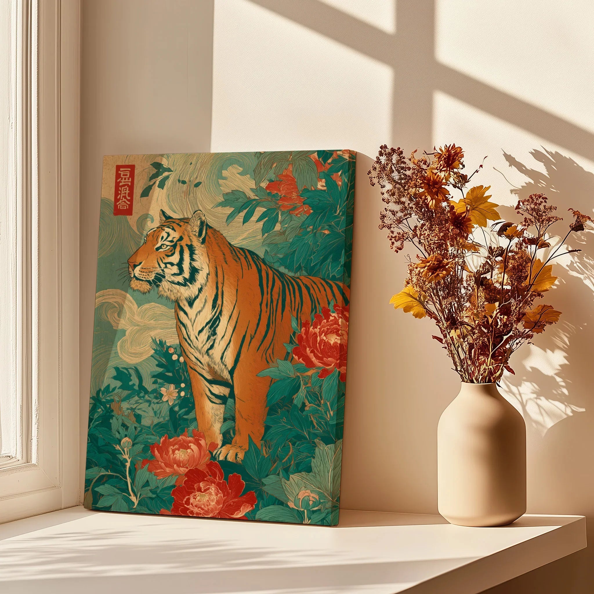 Japanese tiger wall art print with floral design, displayed by window with shadows and vase