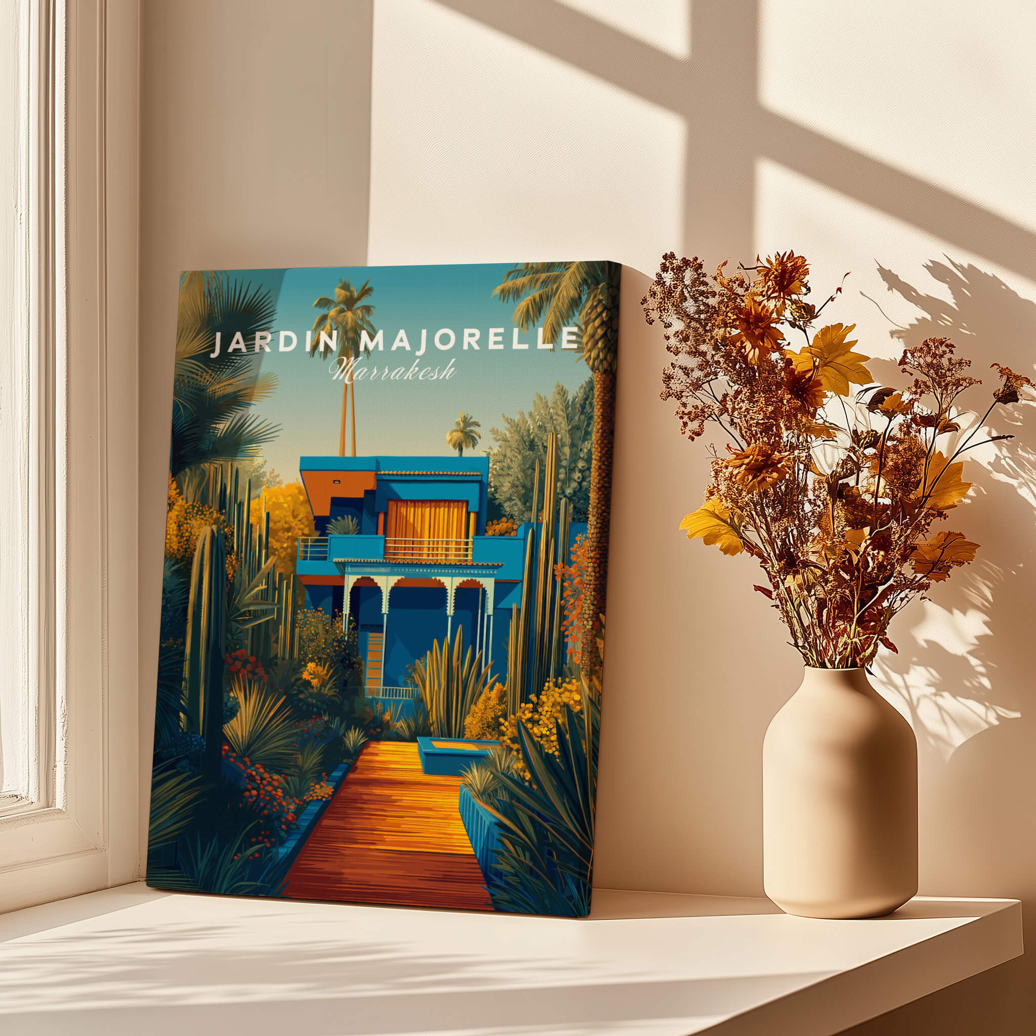Jardim Majorelle Marrakesh Wall Art Print | Moroccan Blue Garden Travel Posters displayed by a window with flowers.
