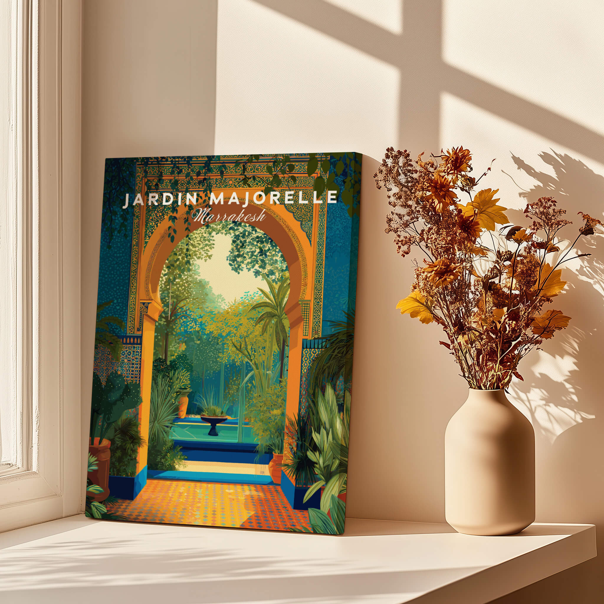 Jardim Majorelle Marrakesh Travel Posters | Moroccan Archway Garden Wall Art Print displayed near flowers in a vase.