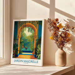 Jardim Majorelle Marrakesh Canvas Print | Tropical Oasis Landscape Poster displayed near a vase with flowers.