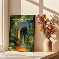 Jardim Majorelle Marrakesh Wall Art Print | Botanical Moroccan Villa Travel Poster on a table with flowers.