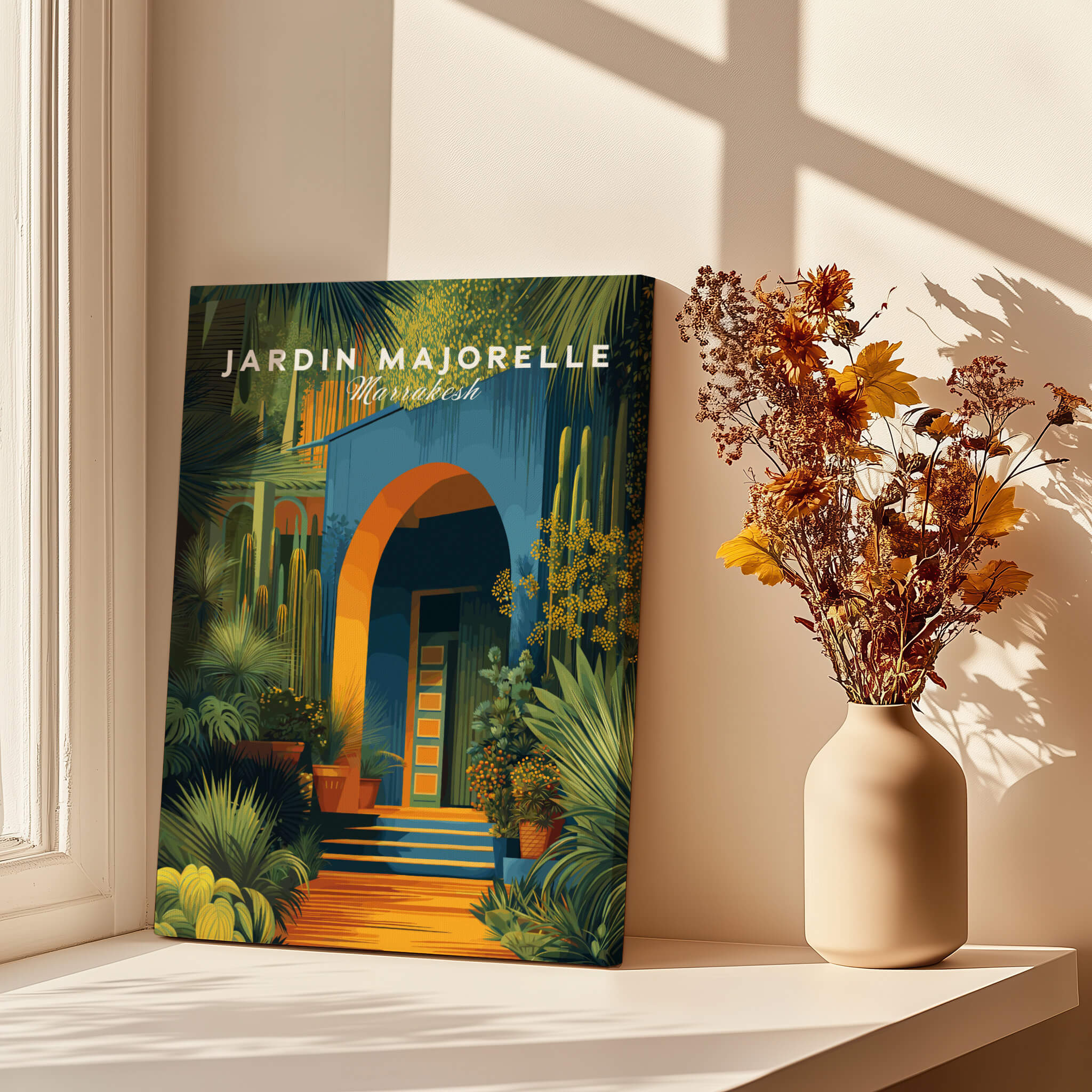 Jardim Majorelle Marrakesh Wall Art Print | Botanical Moroccan Villa Travel Poster on a table with flowers.