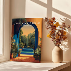 Jardim Majorelle Marrakesh Travel Posters | Garden Fountain Scene Wall Art Print displayed near a vase of flowers.