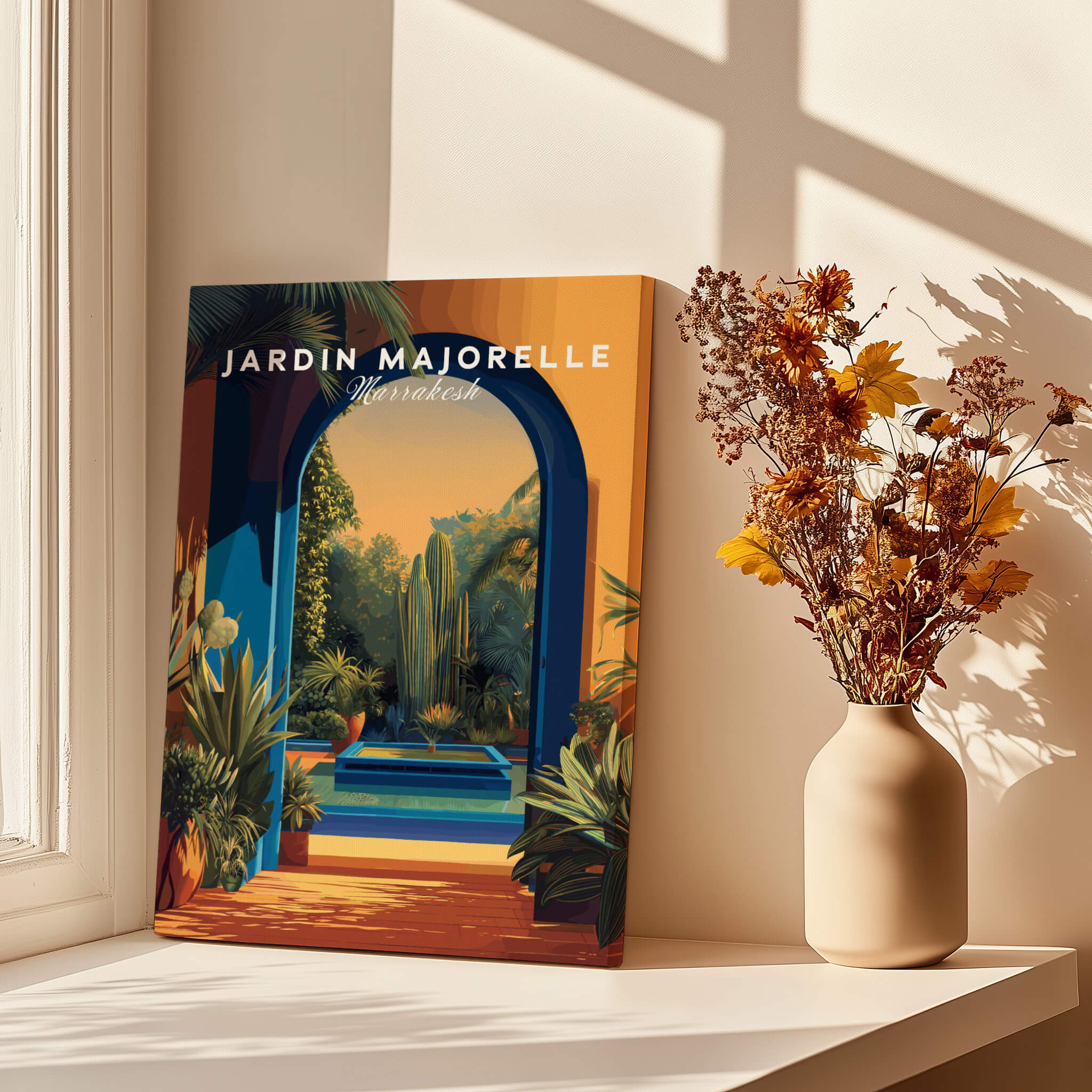 Jardim Majorelle Marrakesh Travel Posters | Garden Fountain Scene Wall Art Print displayed near a vase of flowers.