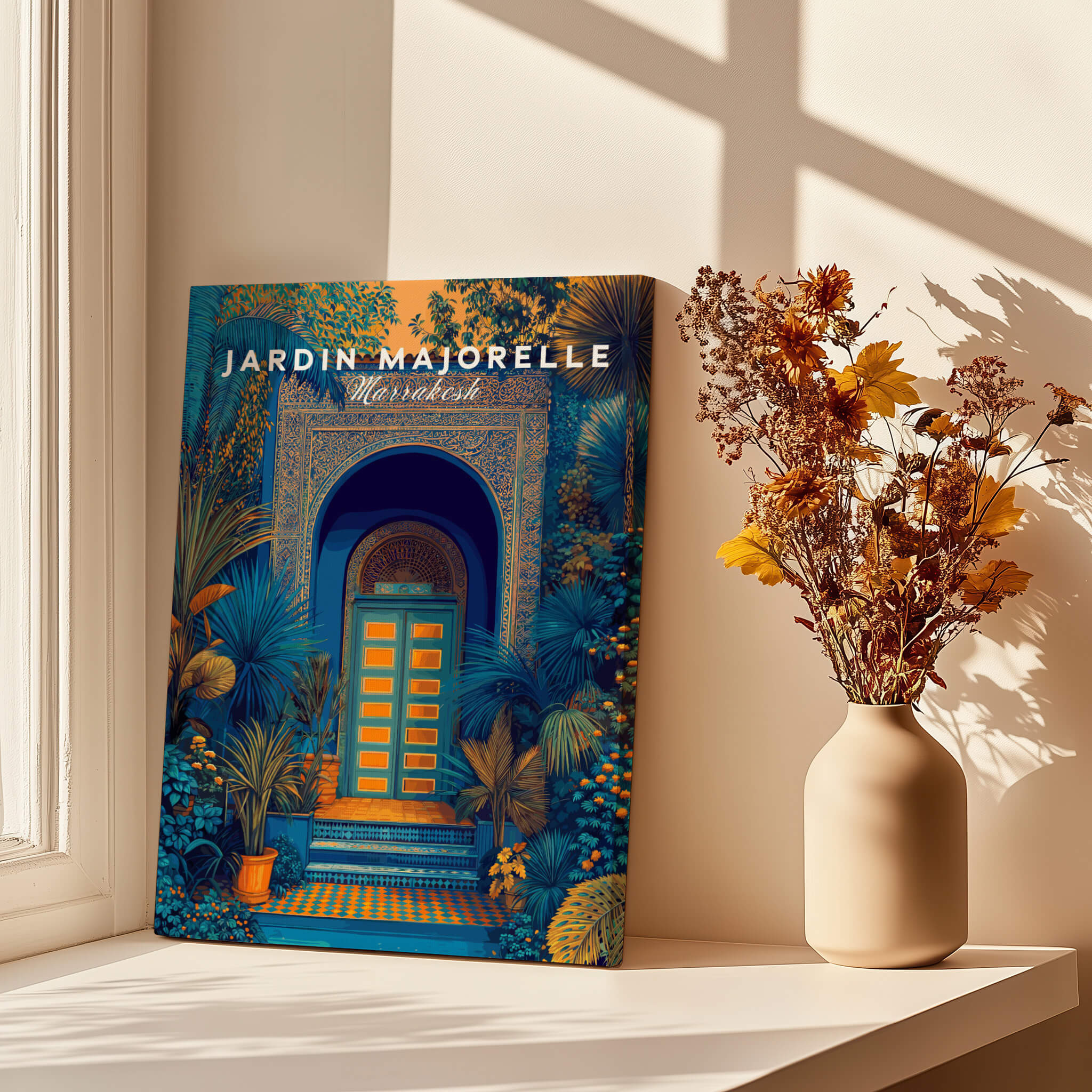 Jardim Majorelle Marrakesh Wall Art Print | Ornate Moroccan Doorway Travel Posters displayed near a vase of flowers.