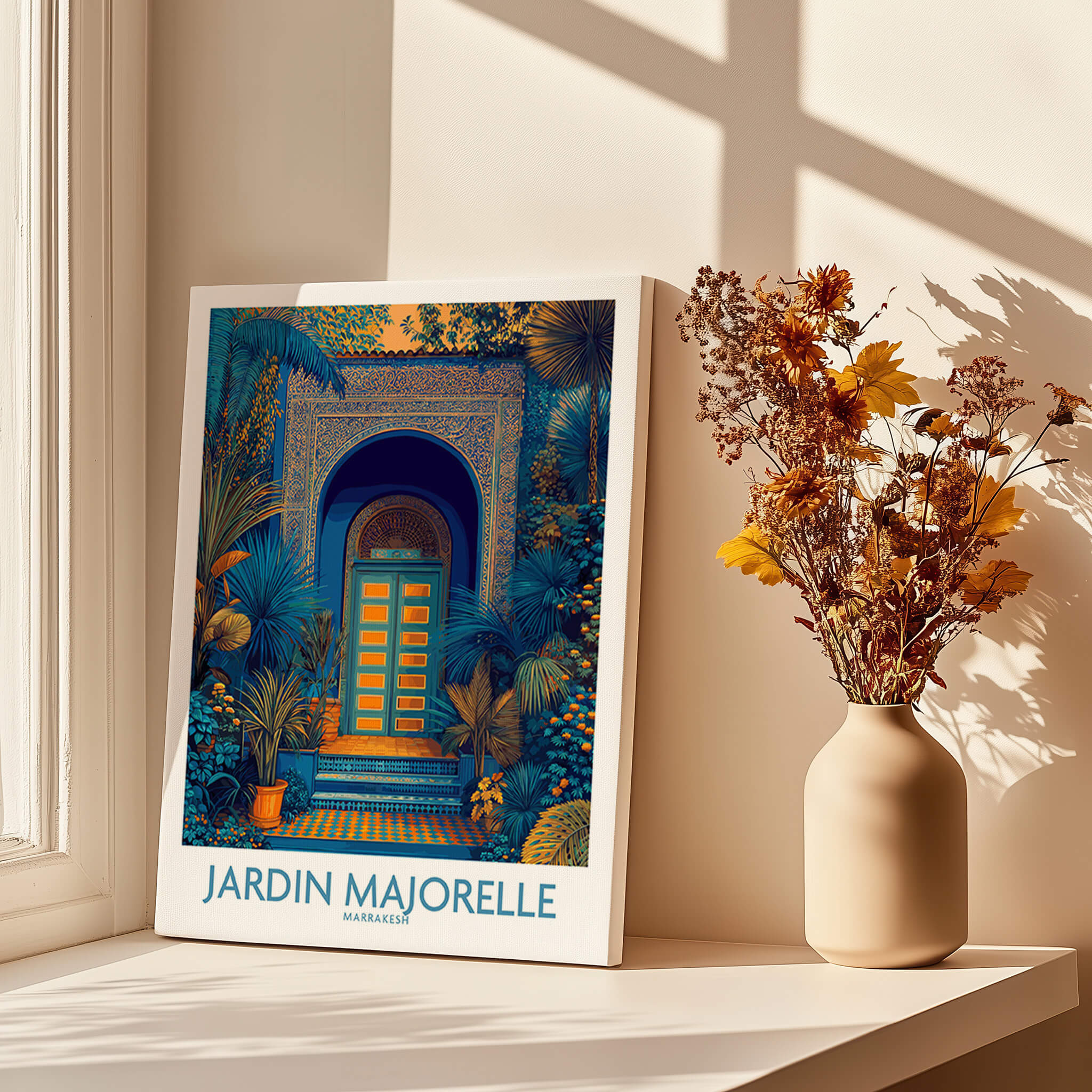 Jardim Majorelle Marrakesh Posters | Detailed Blue Architecture Canvas Print featuring iconic doorway and vibrant foliage.