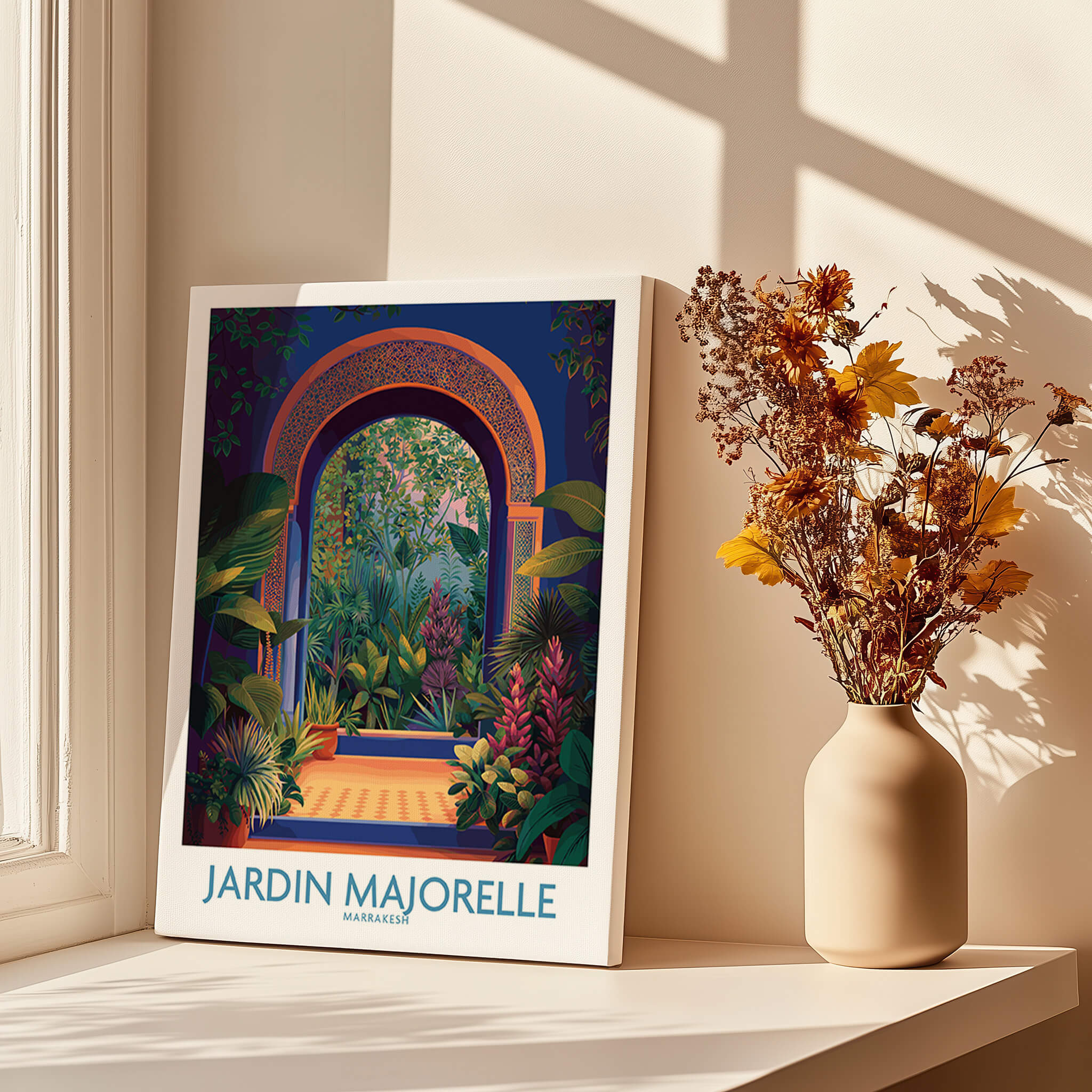 Jardim Majorelle Marrakesh Canvas Print | Colorful Moroccan Landscape Poster displayed in a sunlit room next to a vase of flowers.