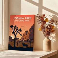Joshua Tree National Park travel poster canvas on windowsill with dried flowers in vase