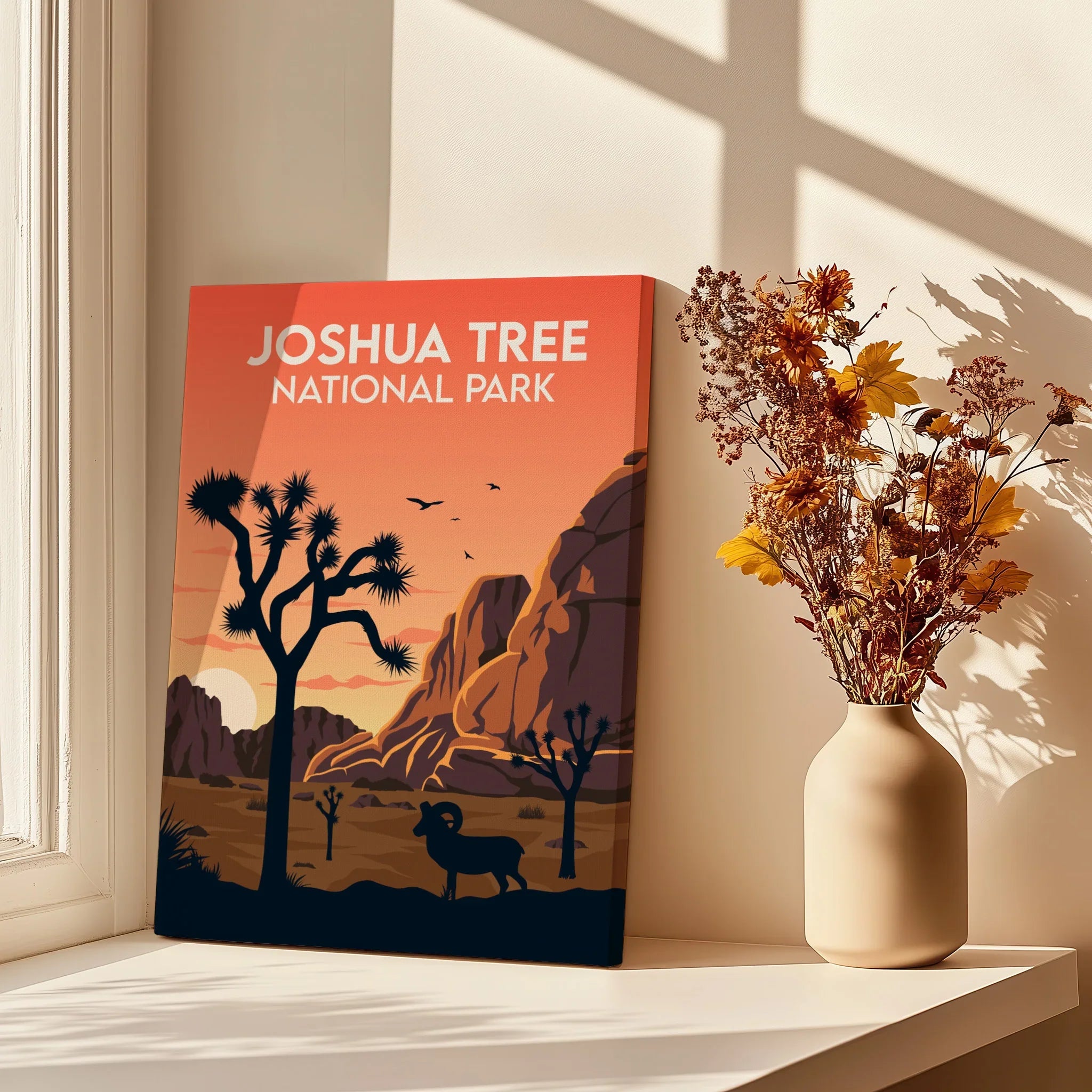 Joshua Tree National Park travel poster canvas on windowsill with dried flowers in vase