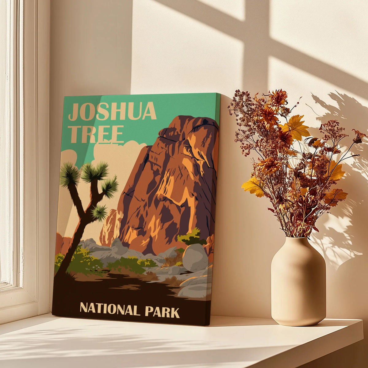 Joshua Tree National Park canvas print on windowsill with flowers and sunlight