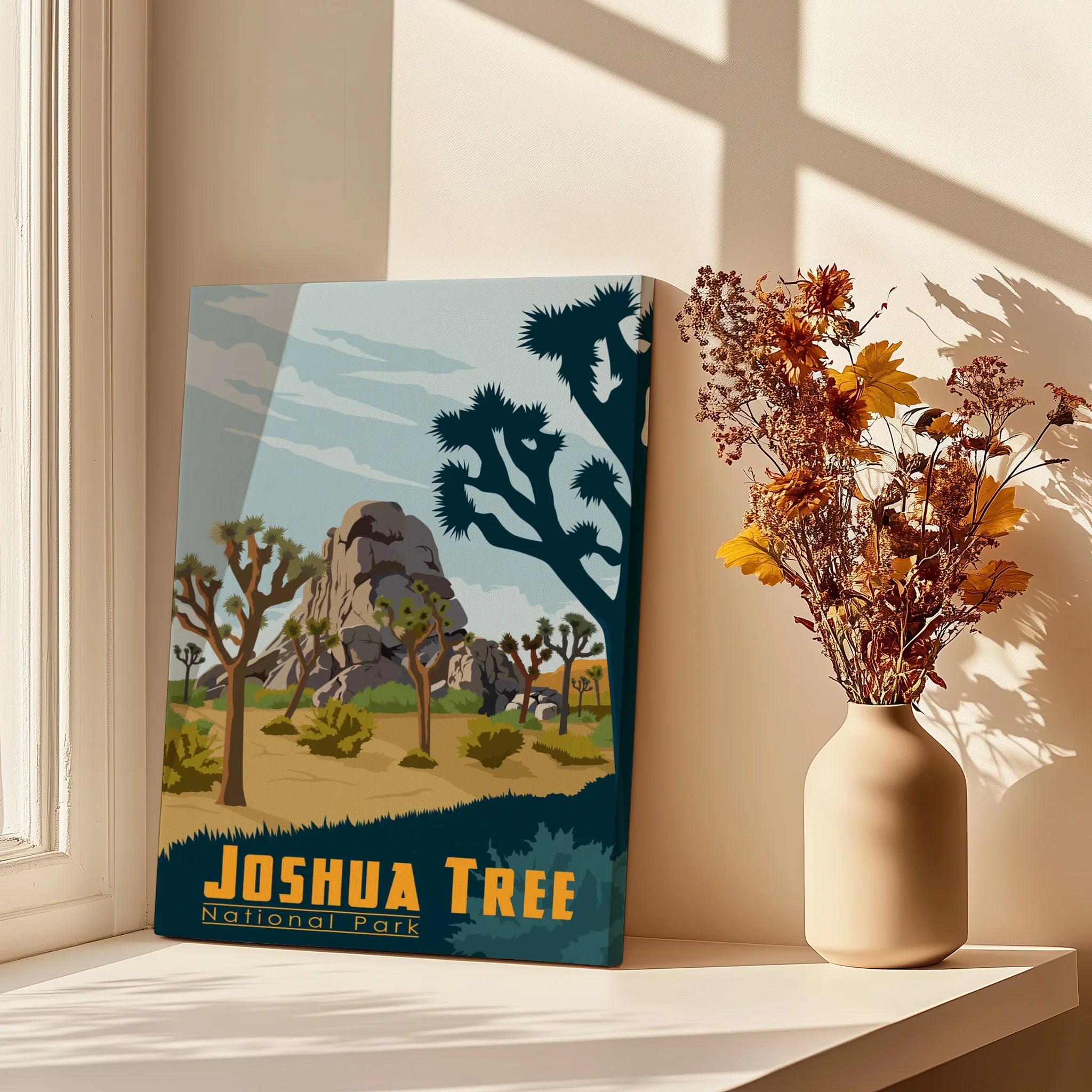 Joshua Tree National Park canvas print on a windowsill with vase of dried flowers, sunlight and shadows