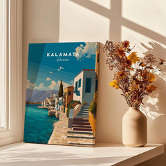 Kalamata Greece Wall Art Print | Mediterranean Seaside Town Travel Poster showcasing a vibrant coastal scene.