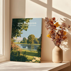 Kew Gardens travel poster canvas print on window sill with vase of dried flowers and sunlight.