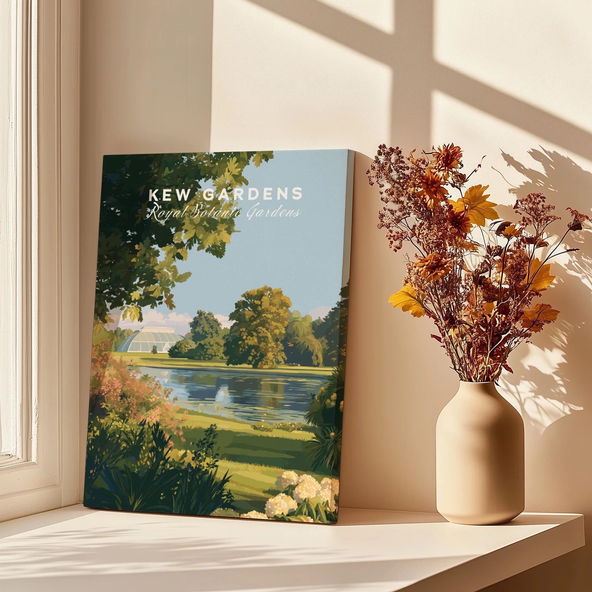Kew Gardens travel poster canvas print on window sill with vase of dried flowers and sunlight.