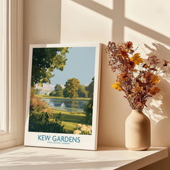 Kew Gardens travel poster canvas print on windowsill with vase of dried flowers, home decor