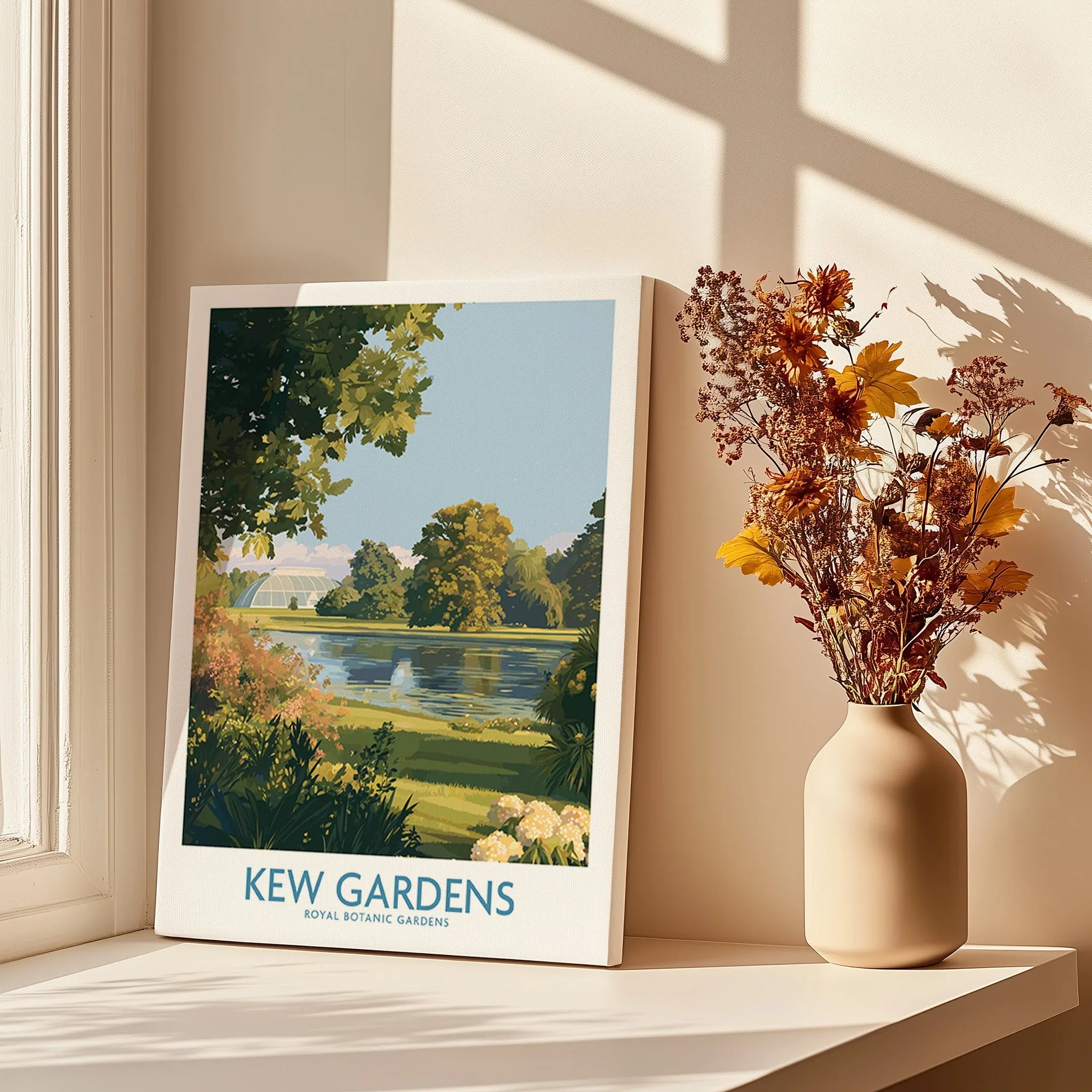 Kew Gardens travel poster canvas print on windowsill with vase of dried flowers, home decor