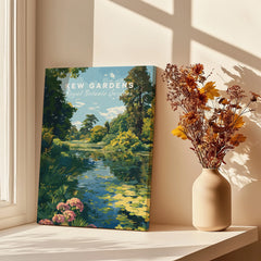Kew Gardens travel poster canvas print near vase with dried flowers in sunlit room