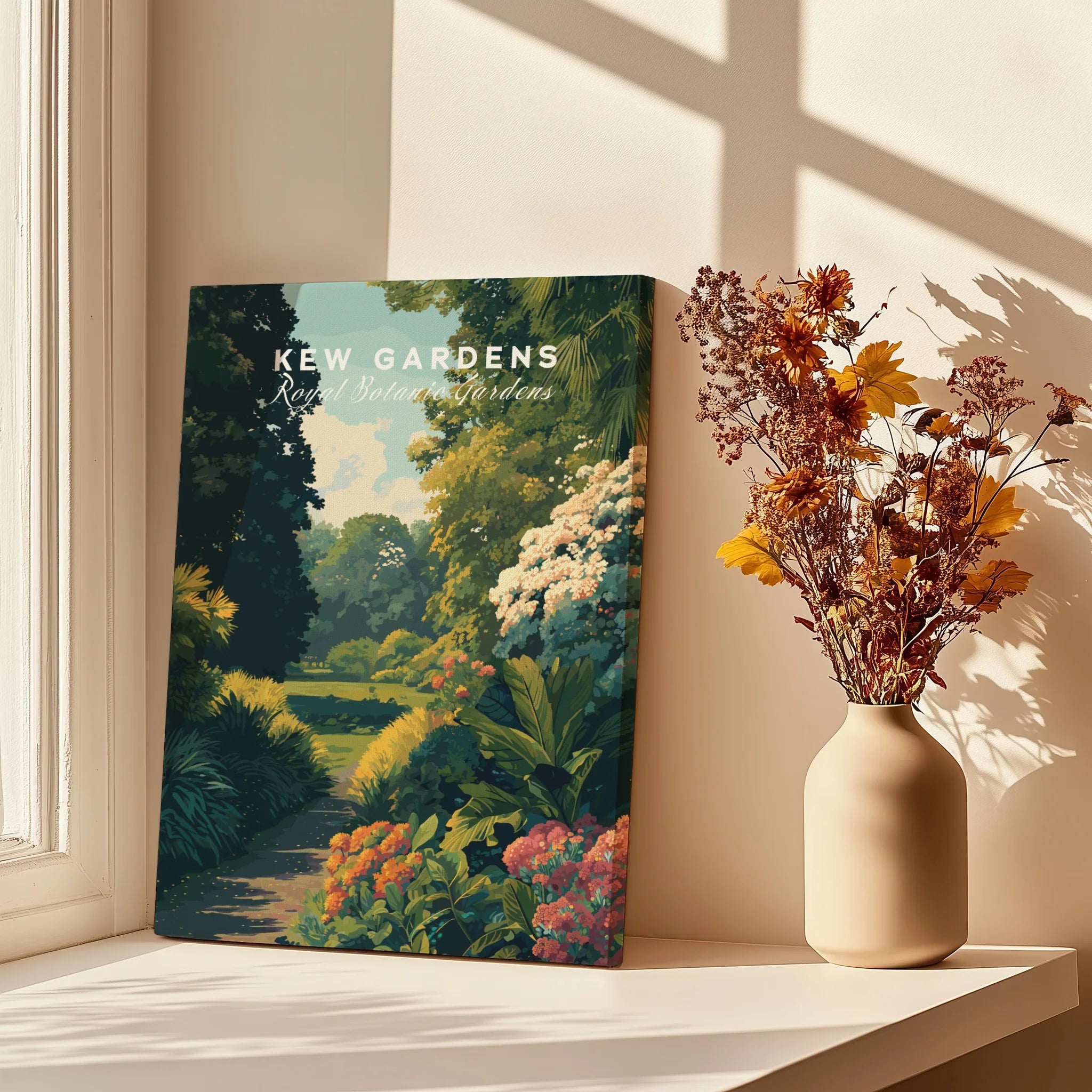 Kew Gardens botanical art print on windowsill with autumn flowers in vase, sunlit decor