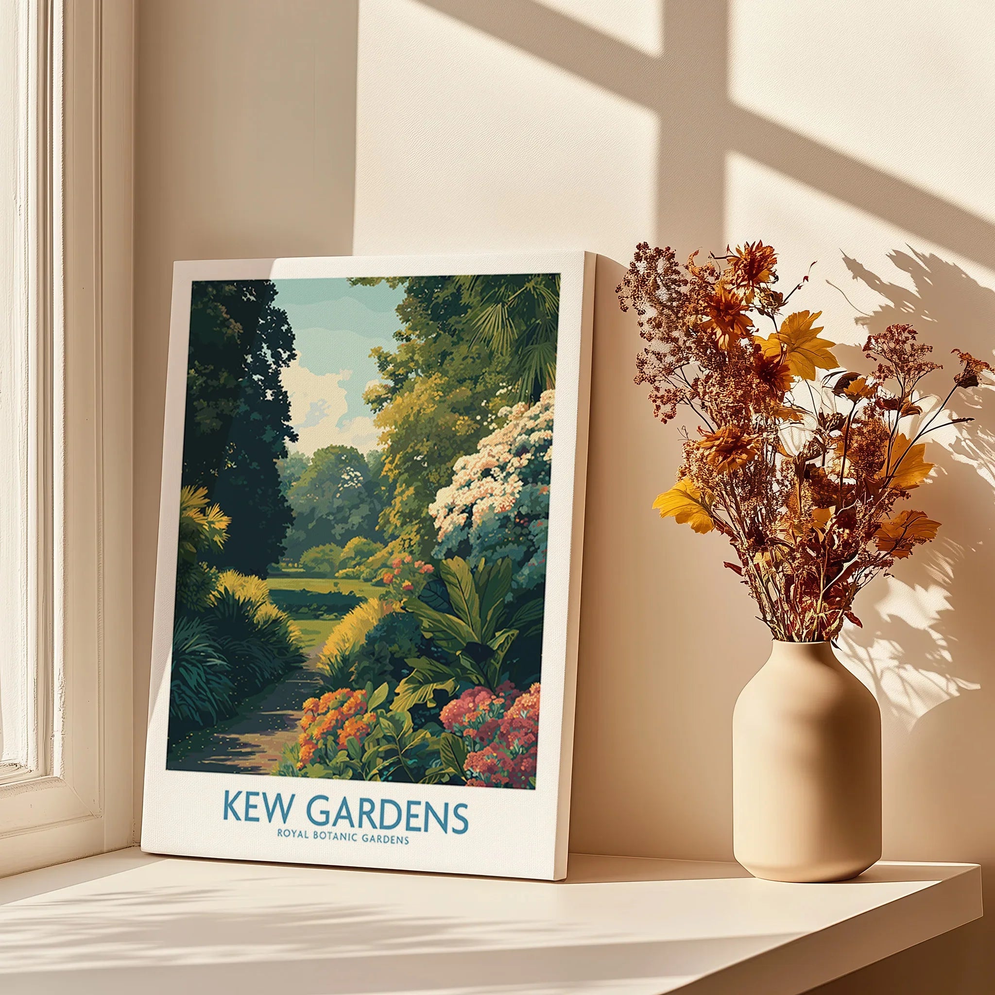 Kew Gardens canvas print displayed by window with sunlight and vase of dried flowers