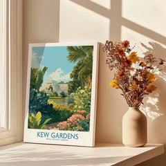 Kew Gardens botanical wall art print on windowsill with vase of dried flowers
