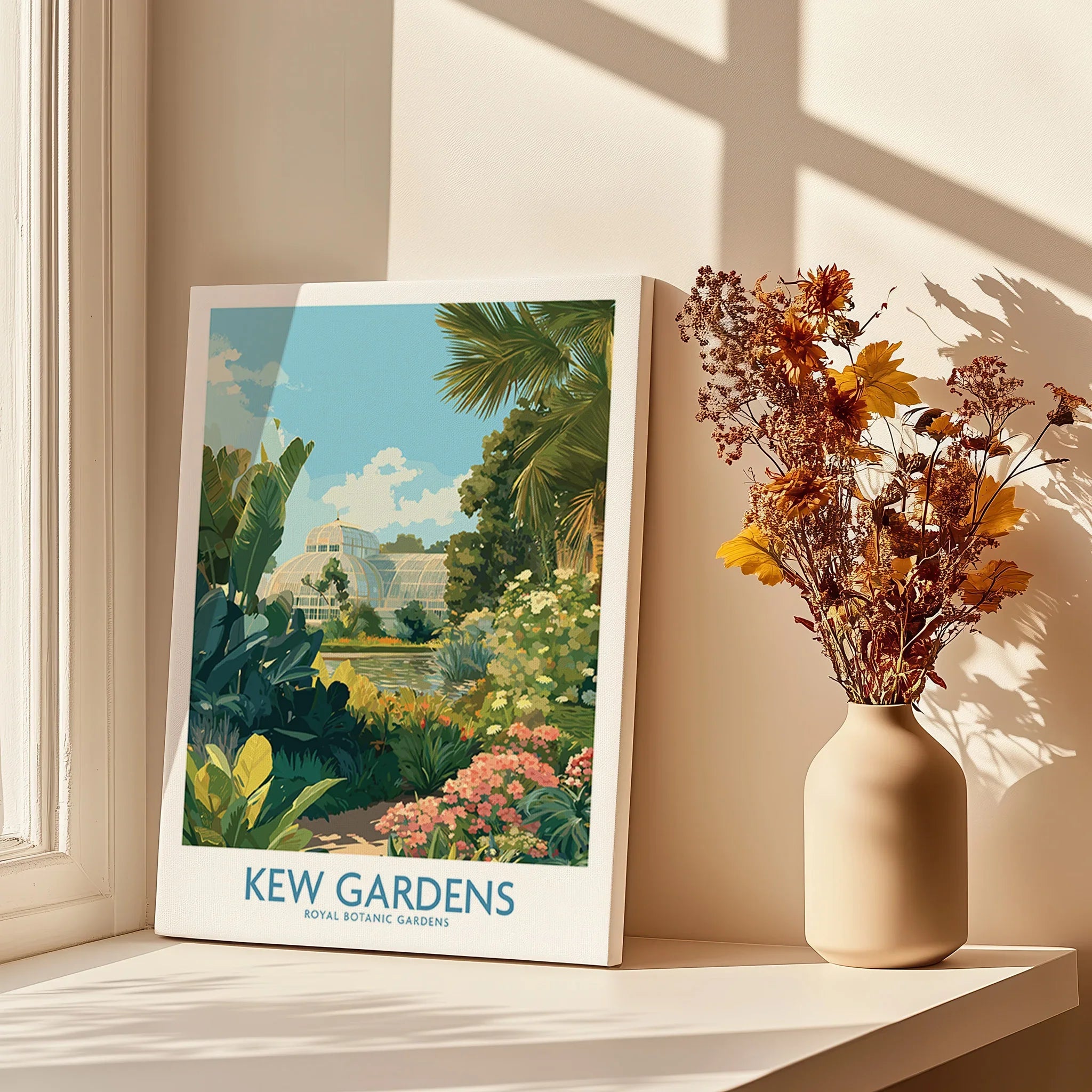 Kew Gardens botanical wall art print on windowsill with vase of dried flowers
