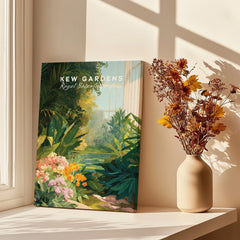 Kew Gardens travel poster canvas print on a sunlit windowsill beside a vase of dried flowers