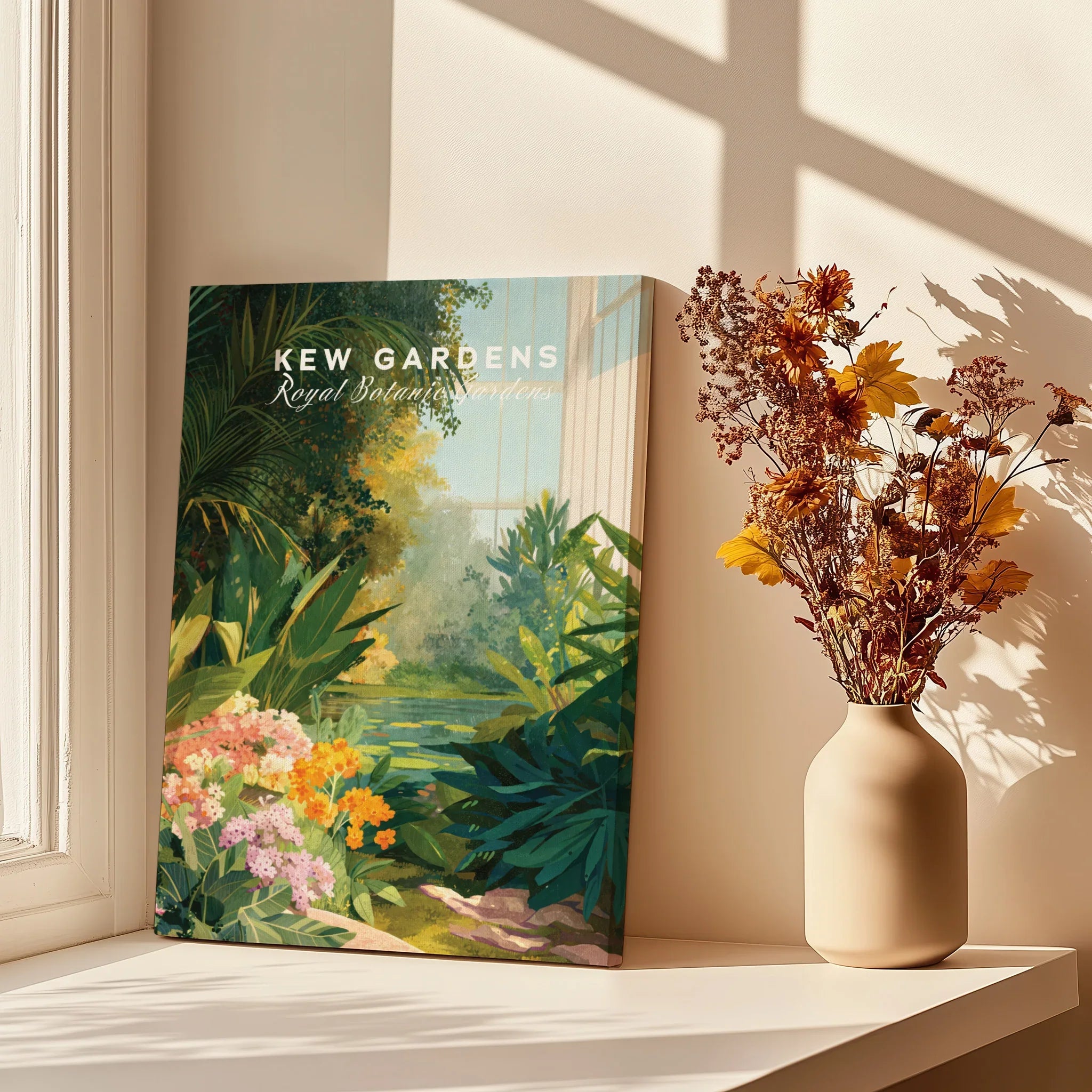Kew Gardens travel poster canvas print on a sunlit windowsill beside a vase of dried flowers