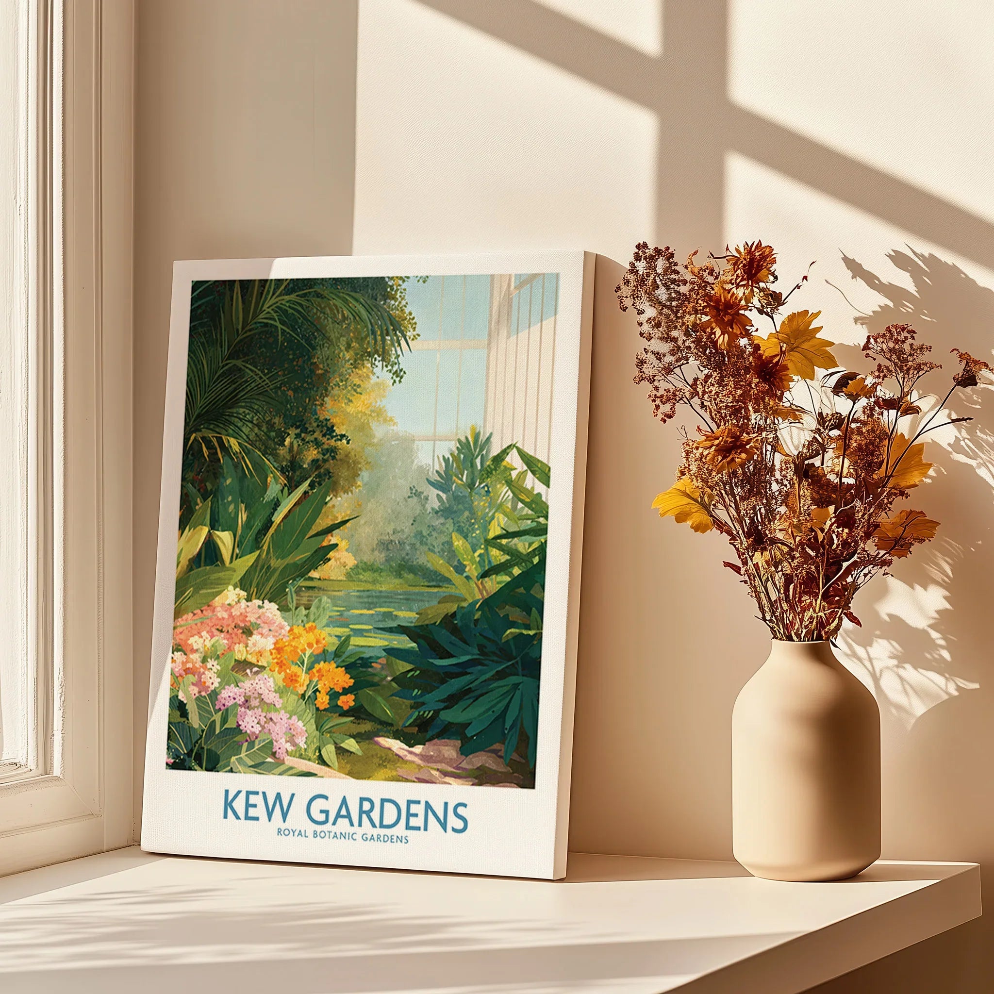 Kew Gardens art print with tropical plants, beside a vase of dried flowers on a sunlit shelf