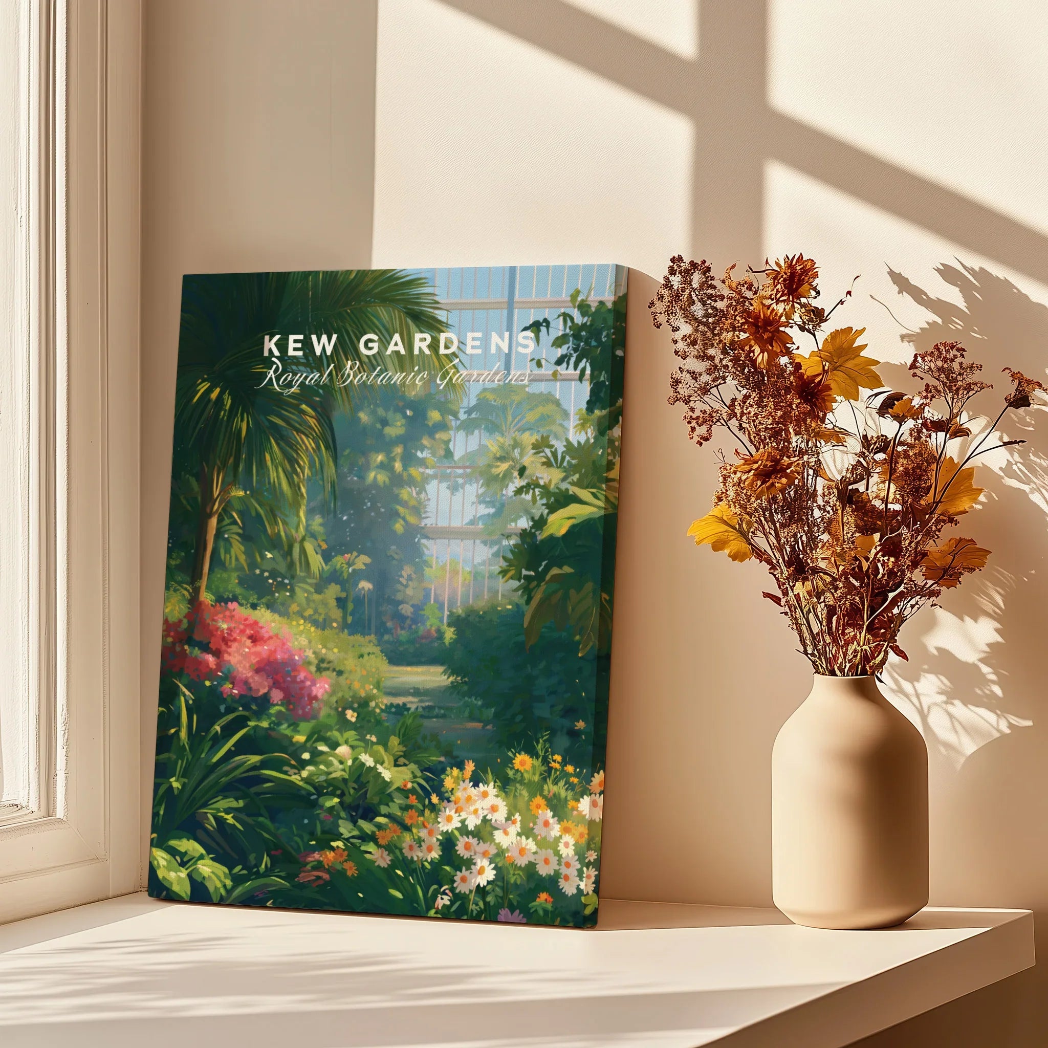 Kew Gardens art print with lush greenery on a windowsill next to a vase of dried flowers