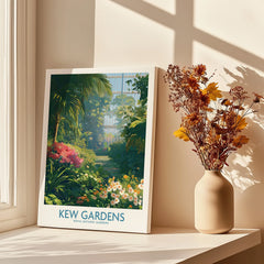 Kew Gardens botanical canvas print displayed on windowsill with vase of dried flowers